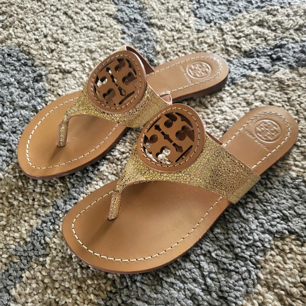 Tory Burch Gold and Tan Sandals - Louisa Thong Sz 6